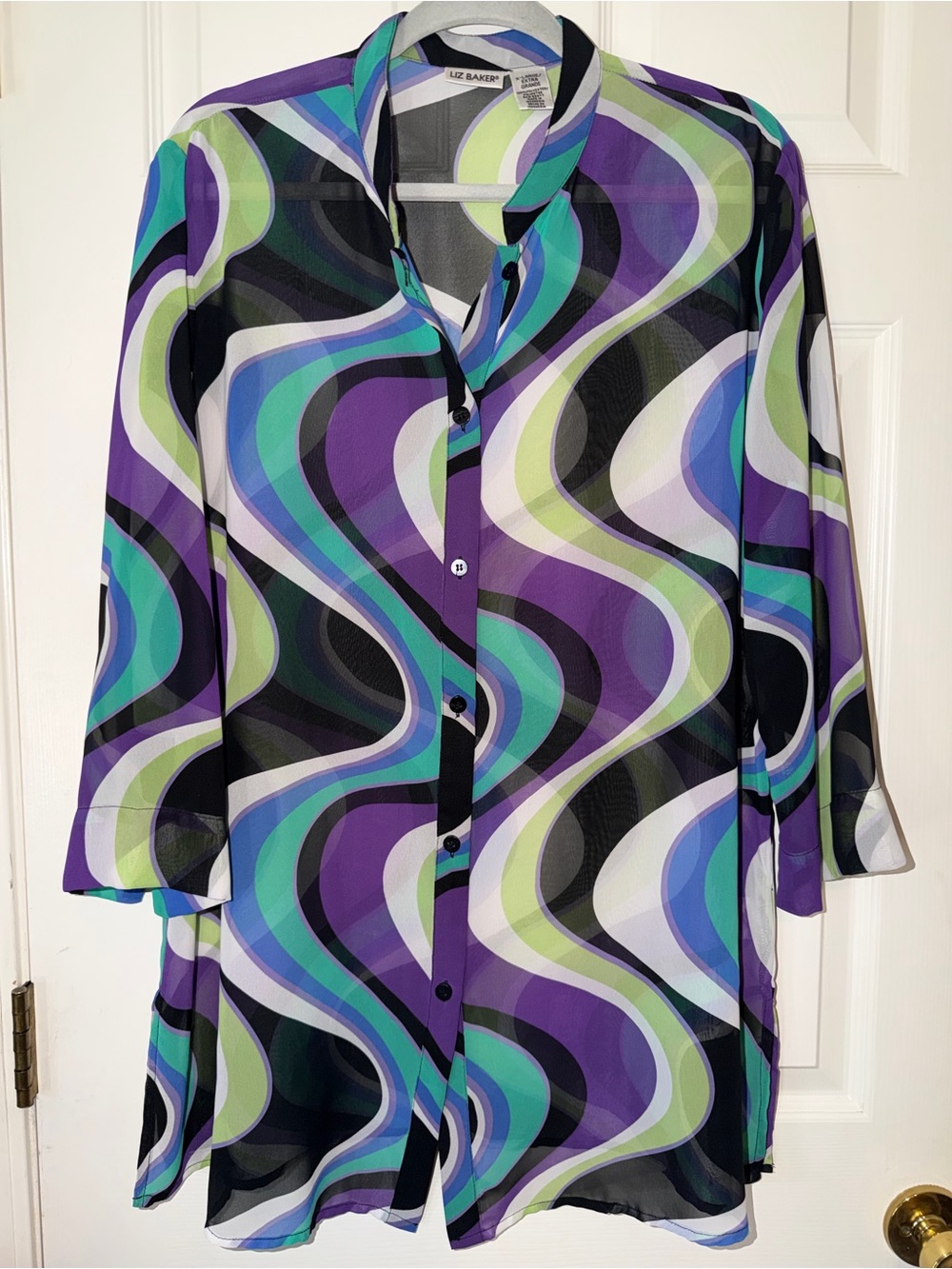 Liz Baker Purple, Teal & Lime Wave Print Sheer Button-Down Blouse